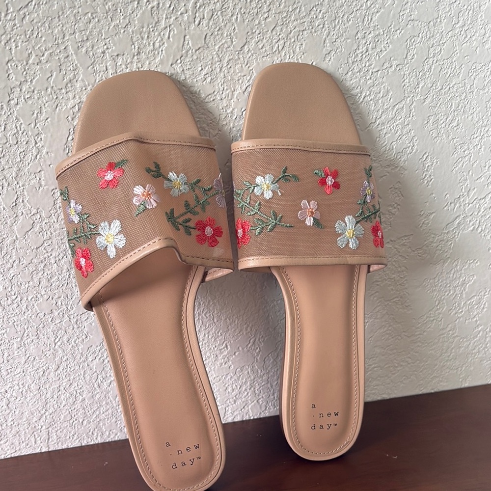 A New Day Women's Embroidered Floral Sandals - Tan